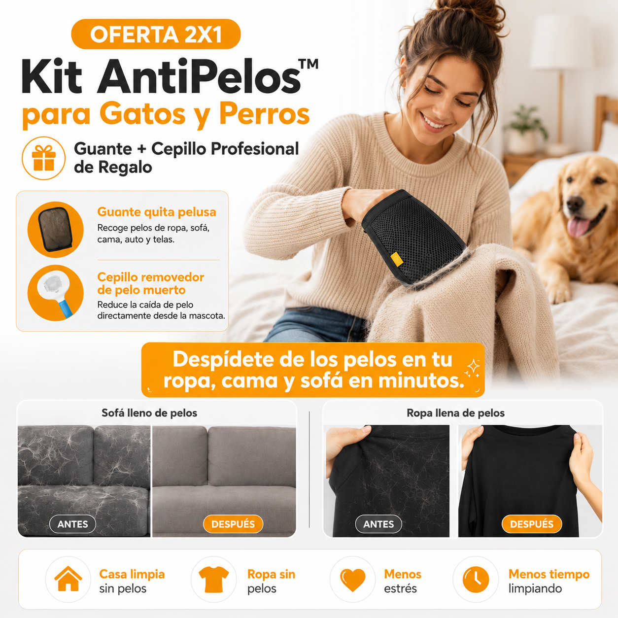 Kit AntiPelos™ para Gatos y Perros – Guante + Cepillo Profesional de Regalo - OFERTA 2X1